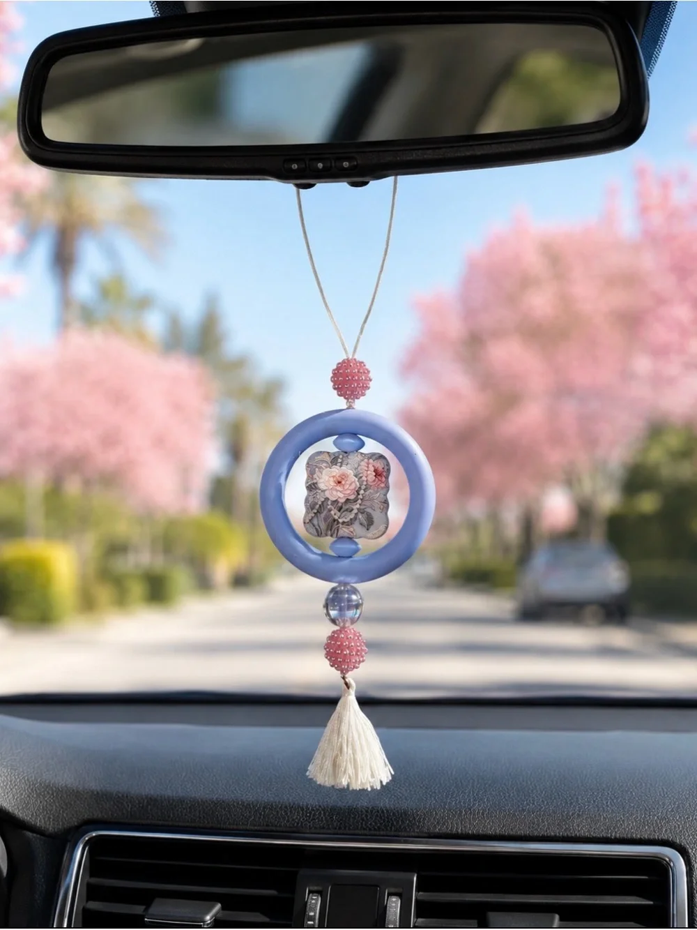 Hand Crafted Pink & Blue Floral Car Charm